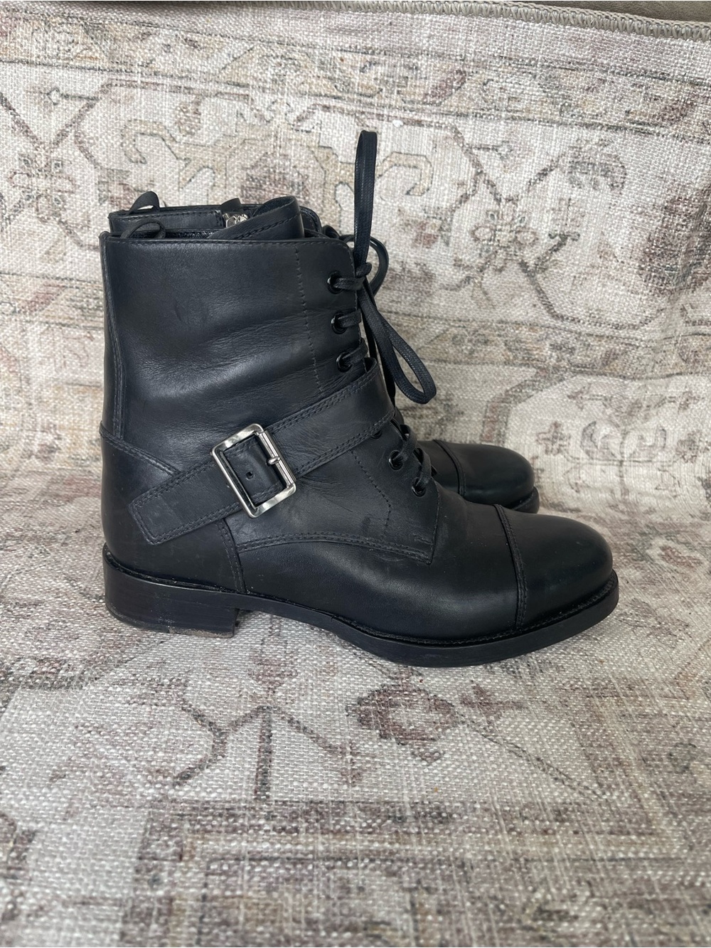 Prada Monk Strap Black Leather Lace-Up Combat Ankle Boots with Buckle - Picture 10 of 10
